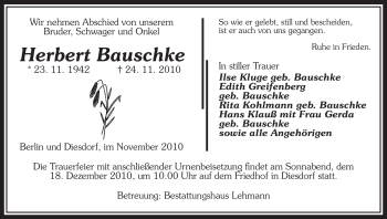 Traueranzeige von Herbert Bauschke von ALLGEMEINE ZEITUNG UELZEN