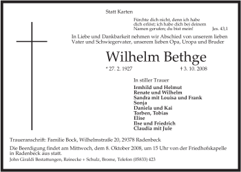 Traueranzeige von Wilhelm Bethge von ALLGEMEINE ZEITUNG UELZEN