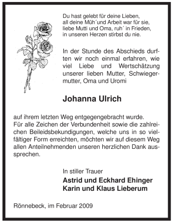 Traueranzeige von Johanna Ulrich von ALLGEMEINE ZEITUNG UELZEN