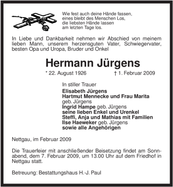 Traueranzeige von Hermann Jürgens von ALLGEMEINE ZEITUNG UELZEN