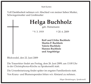 Traueranzeige von Helga Buchholz von ALLGEMEINE ZEITUNG UELZEN