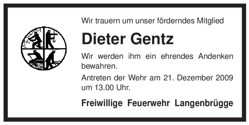  Traueranzeige für Dieter Gentz vom 16.12.2009 aus ALLGEMEINE ZEITUNG UELZEN