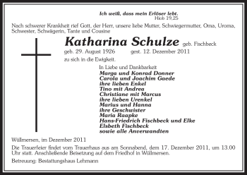 Traueranzeige von Katharina Schulze von ALLGEMEINE ZEITUNG UELZEN