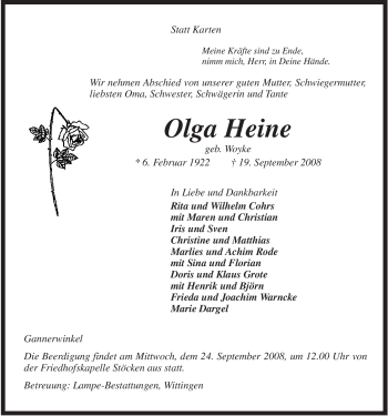 Traueranzeige von Olga Heine von ALLGEMEINE ZEITUNG UELZEN