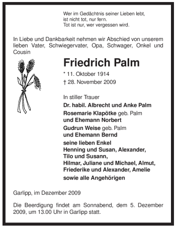 Traueranzeige von Friedrich Palm von ALLGEMEINE ZEITUNG UELZEN