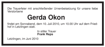 Traueranzeige von Gerda Okon von ALLGEMEINE ZEITUNG UELZEN
