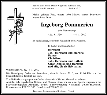 Traueranzeige von Ingeborg Pommerien von ALLGEMEINE ZEITUNG UELZEN