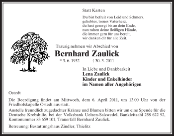 Traueranzeige von Bernhard Zaulick von ALLGEMEINE ZEITUNG UELZEN