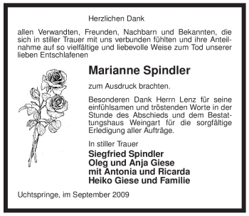 Traueranzeige von Marianne Spindler von ALLGEMEINE ZEITUNG UELZEN