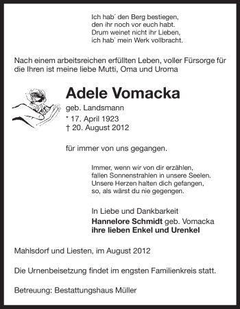 Traueranzeige von Adele Vomacka von ALLGEMEINE ZEITUNG UELZEN