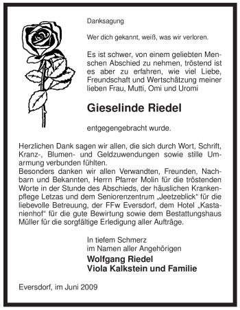 Traueranzeige von Gieselinde Riedel von ALLGEMEINE ZEITUNG UELZEN