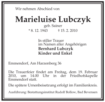 Traueranzeige von Marieluise Lubczyk von ALLGEMEINE ZEITUNG UELZEN