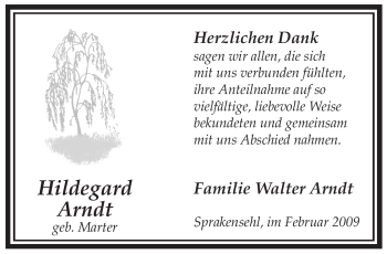 Traueranzeige von Hildegard Arndt von ALLGEMEINE ZEITUNG UELZEN