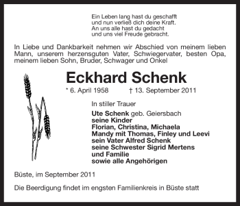 Traueranzeige von Eckhard Schenk von ALLGEMEINE ZEITUNG UELZEN