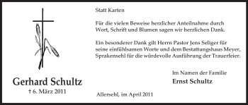 Traueranzeige von Gerhard Schultz von ALLGEMEINE ZEITUNG UELZEN