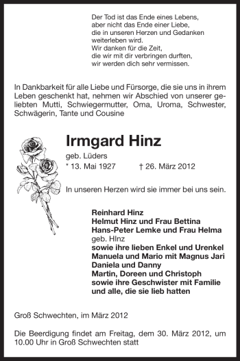 Traueranzeige von Irmgard Hinz von ALLGEMEINE ZEITUNG UELZEN