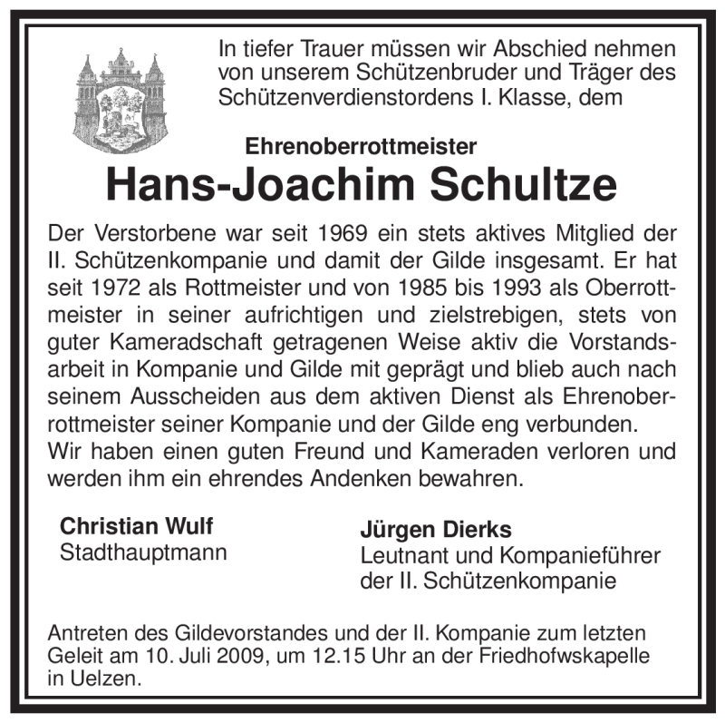  Traueranzeige für Hans-Joachim Schultze vom 09.07.2009 aus ALLGEMEINE ZEITUNG UELZEN