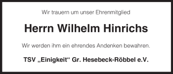 Traueranzeige von Wilhelm Hinrichs von ALLGEMEINE ZEITUNG UELZEN