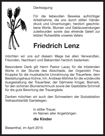 Traueranzeige von Friedrich Lenz von Uelzen