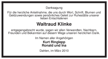 Traueranzeige von Waltraud Klinke von ALLGEMEINE ZEITUNG UELZEN