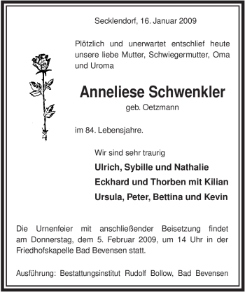 Traueranzeige von Anneliese Schwenkler von ALLGEMEINE ZEITUNG UELZEN