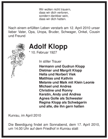 Traueranzeige von Adolf Klopp von ALLGEMEINE ZEITUNG UELZEN