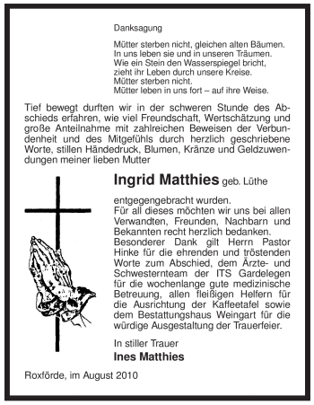 Traueranzeige von Ingrid Matthies von ALLGEMEINE ZEITUNG UELZEN