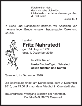 Traueranzeige von Fritz Nahrstedt von ALLGEMEINE ZEITUNG UELZEN