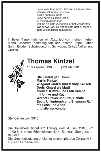 Traueranzeige von Thomas Kintzel von ALLGEMEINE ZEITUNG UELZEN