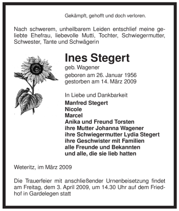 Traueranzeige von Ines Stegert von ALLGEMEINE ZEITUNG UELZEN