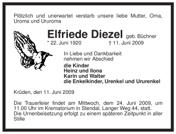 Traueranzeige von Elfriede Diezel von ALLGEMEINE ZEITUNG UELZEN