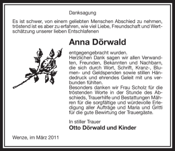 Traueranzeige von Anna Dörwald von ALLGEMEINE ZEITUNG UELZEN