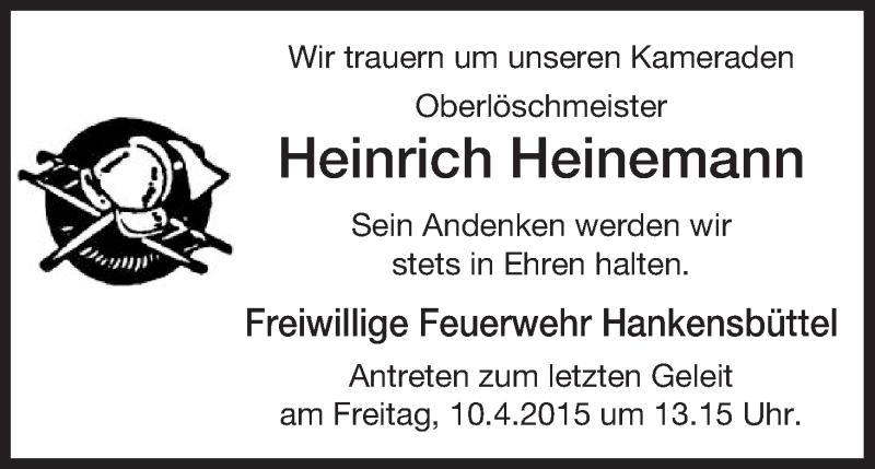  Traueranzeige für Heinrich Heinemann vom 08.04.2015 aus Uelzen