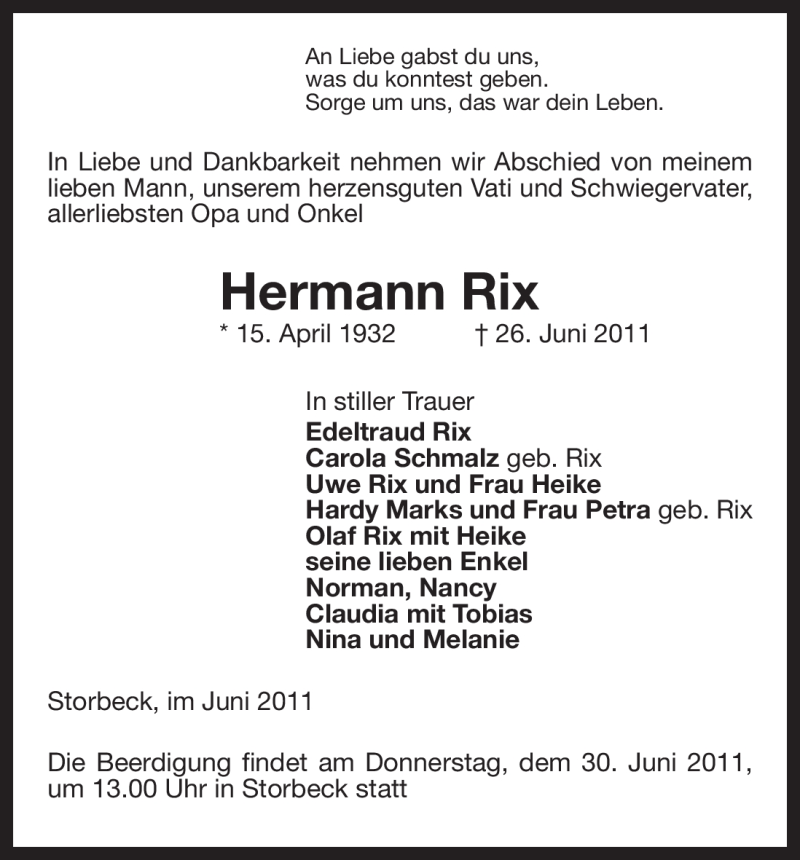  Traueranzeige für Hermann Rix vom 29.06.2011 aus ALLGEMEINE ZEITUNG UELZEN