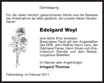 Traueranzeige von Edelgard Weyl von ALLGEMEINE ZEITUNG UELZEN