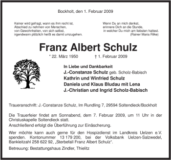 Traueranzeige von Franz Albert Schulz von ALLGEMEINE ZEITUNG UELZEN