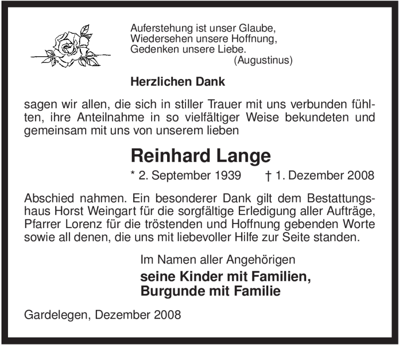  Traueranzeige für Reinhard Lange vom 13.12.2008 aus ALLGEMEINE ZEITUNG UELZEN