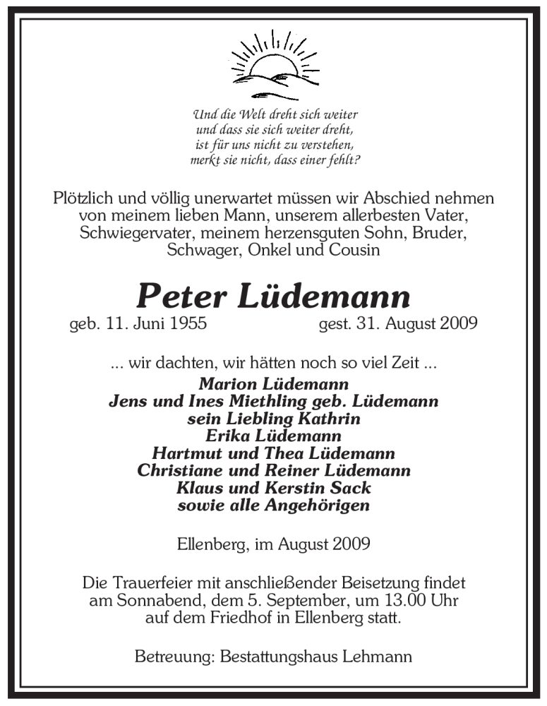  Traueranzeige für Peter Lüdemann vom 02.09.2009 aus ALLGEMEINE ZEITUNG UELZEN