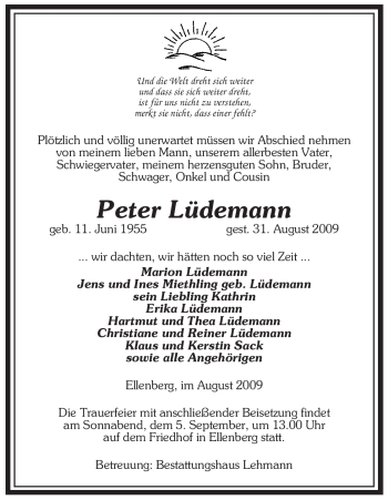 Traueranzeige von Peter Lüdemann von ALLGEMEINE ZEITUNG UELZEN