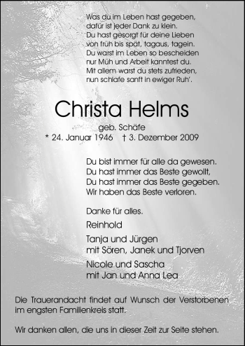 Traueranzeige von Christa Helms von ALLGEMEINE ZEITUNG UELZEN