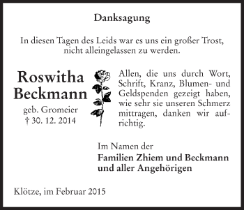 Traueranzeige von Roswitha Beckmann von Uelzen