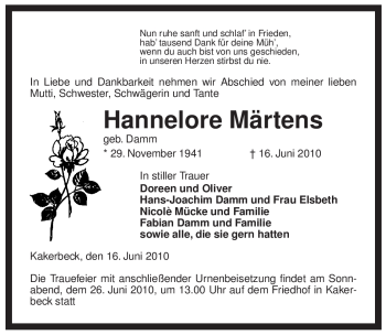 Traueranzeige von Hannelore Märtens von ALLGEMEINE ZEITUNG UELZEN