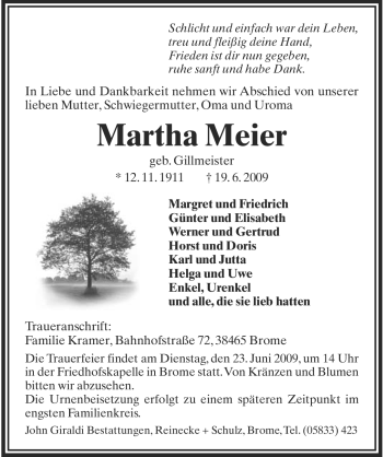 Traueranzeige von Martha Meier von ALLGEMEINE ZEITUNG UELZEN