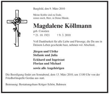 Traueranzeige von Magdalene Köllmann von ALLGEMEINE ZEITUNG UELZEN