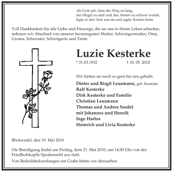 Traueranzeige von Luzie Kesterke von ALLGEMEINE ZEITUNG UELZEN