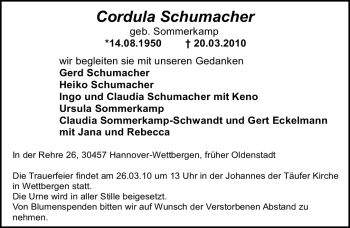 Traueranzeige von Cordula Schumacher von ALLGEMEINE ZEITUNG UELZEN