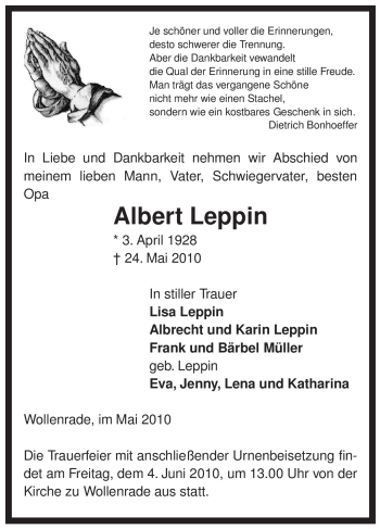 Traueranzeige von Albert Leppin von ALLGEMEINE ZEITUNG UELZEN