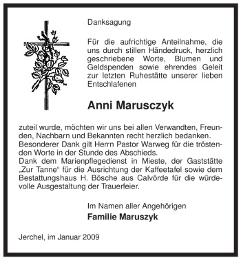 Traueranzeige von Anni Marusczyk von ALLGEMEINE ZEITUNG UELZEN