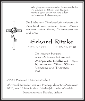 Traueranzeige von Erhard Ritzke von ALLGEMEINE ZEITUNG UELZEN