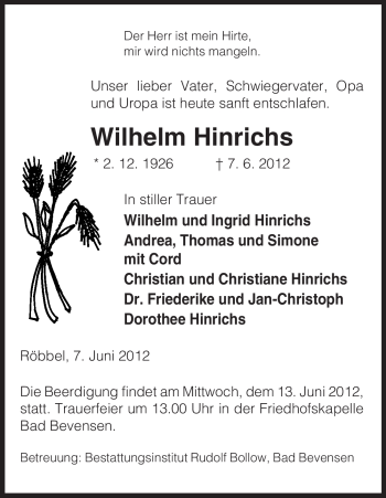 Traueranzeige von Wilhelm Hinrichs von ALLGEMEINE ZEITUNG UELZEN